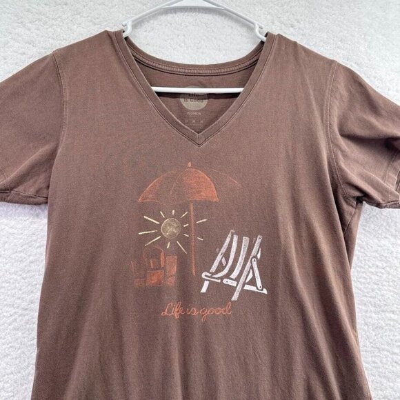 Life is Good Shirt Womens Size Medium Classic Fit Brown V Neck Beach Umbrella - Picture 1 of 8